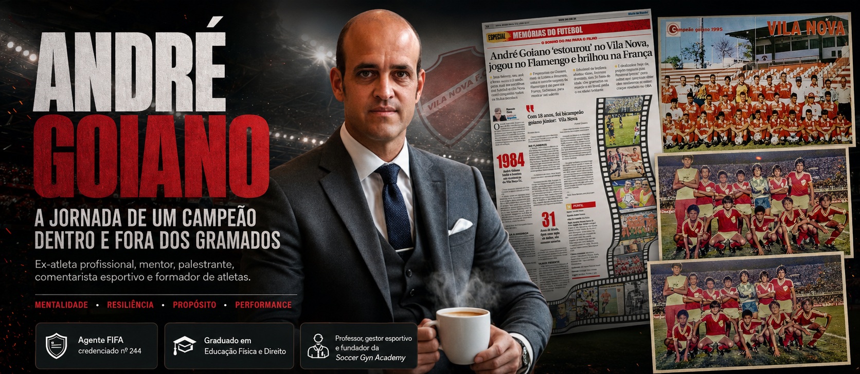 André Goiano em composição esportiva com registros de sua trajetória no Vila Nova e no futebol